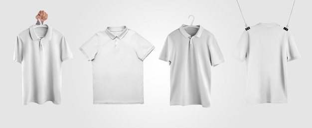 White polo on hanger in hand rope folded with folds front back view isolated on background