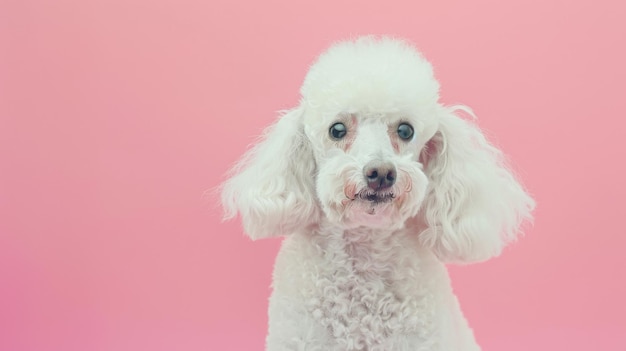 A white poodle against a soft pink background embodies elegance and charm exuding a sense of sophistication and purity