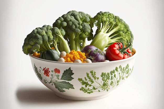 In a white porcelain bowl with mixed veggies the image is isolated looking up