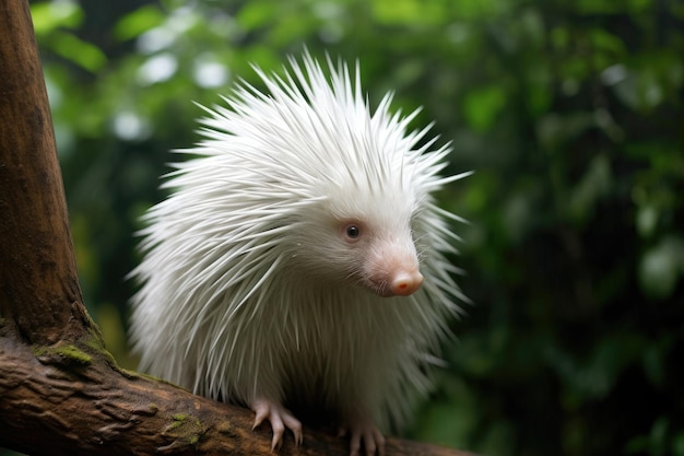 a white porcupine on a branch