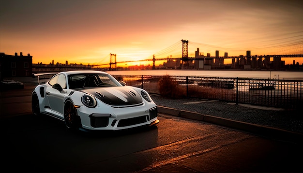 A white porsche 911 gt3 is parked in front of a bridge