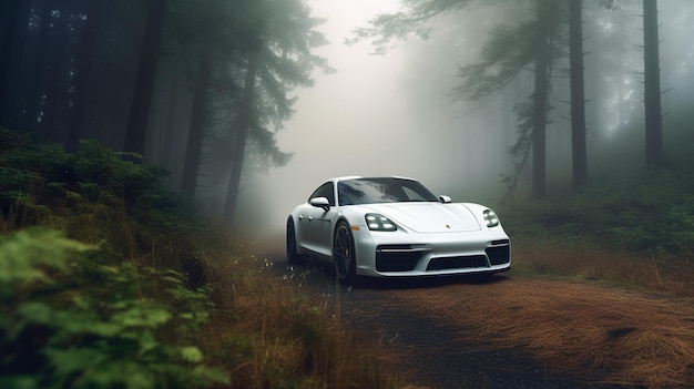 A white porsche carrera gt is driving on a forest road.