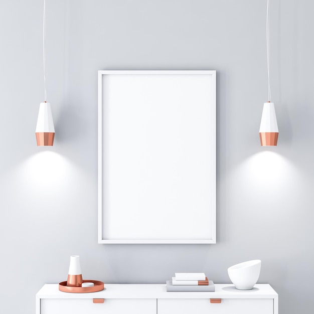 White poster Frame hanging on the wall 3d rendering