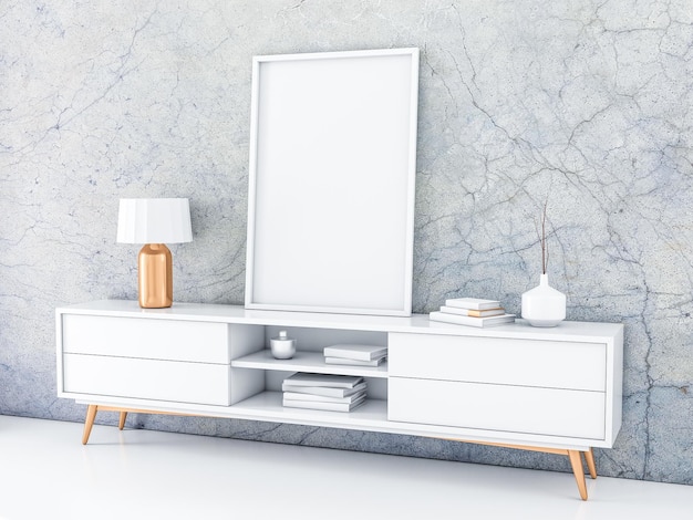 White poster Frame standing on the modern bureau in modern interior with concrete wall 3d rendering