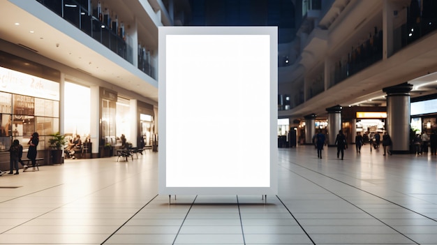 A white poster in a mall with a white frame