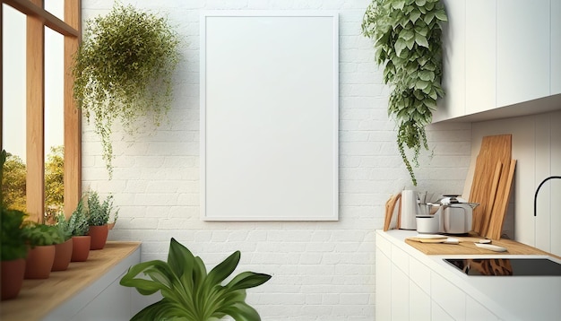 White poster on a wall with blank frame mockup Generative AI