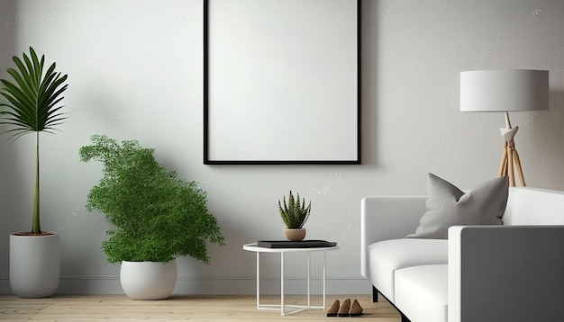 White poster on a wall with blank frame mockup Generative AI