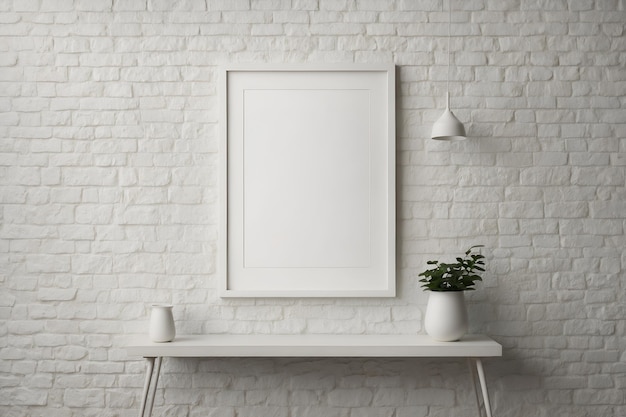 White poster white brick wall white table and vases white hanging lamp Minimal poster mockup