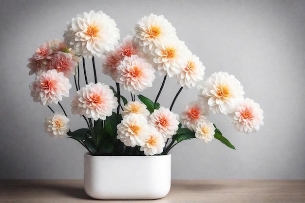 a white pot with flowers in it that says  in the middle