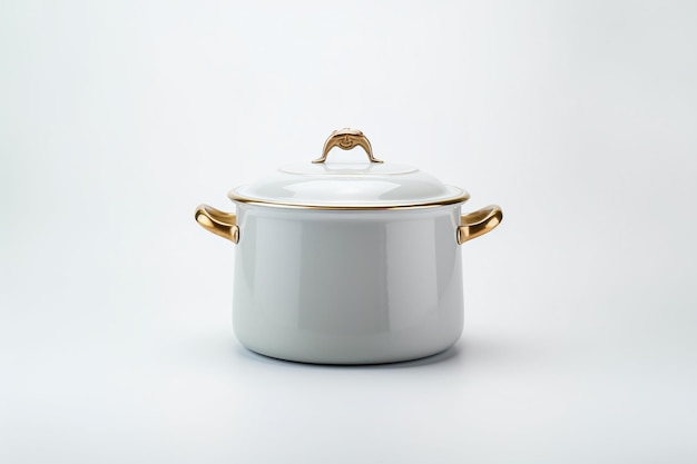 A white pot with a gold rim and a white lid.