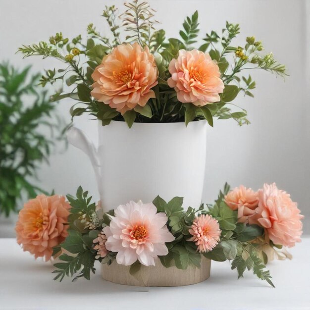 Photo a white pot with pink and orange flowers in it