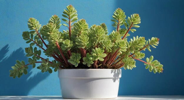 a white pot with a plant in it that is blue