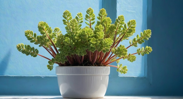 a white pot with a plant in it that is sitting on a window sill