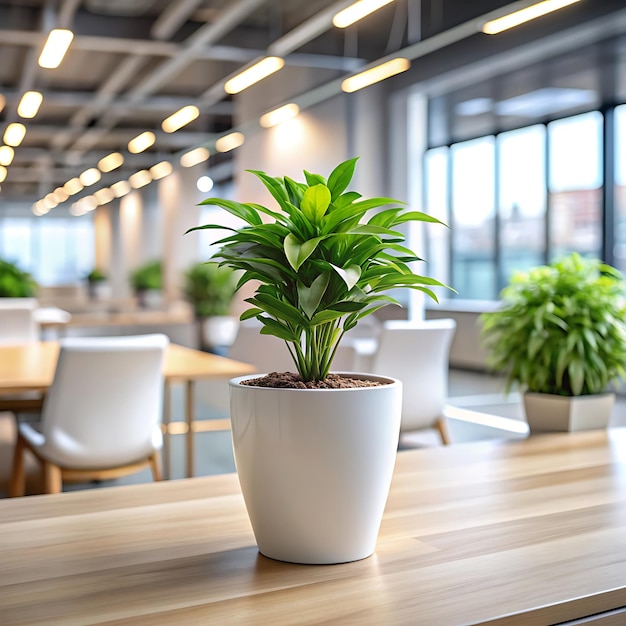 White Pot With Plant On Table At Blurred Modern Office Interior nice image backgroundAI generator