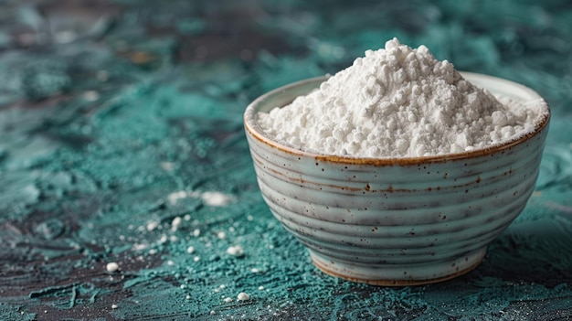 Photo white powder in a bowl on a blue background with space for copy top view