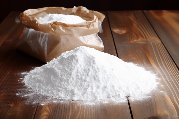 White powder in paper bag on wooden table