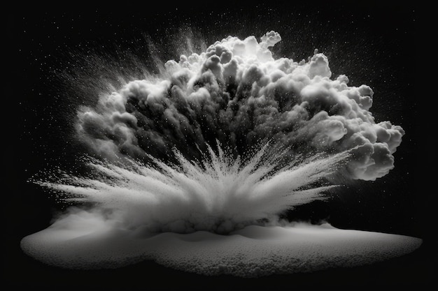 White powder snow cloud explosion in an abstract wide horizontal design on a black background