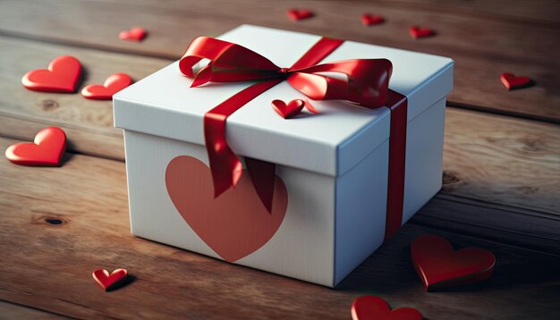 White present box with red ribbon and hearts on wooden background Generative AI