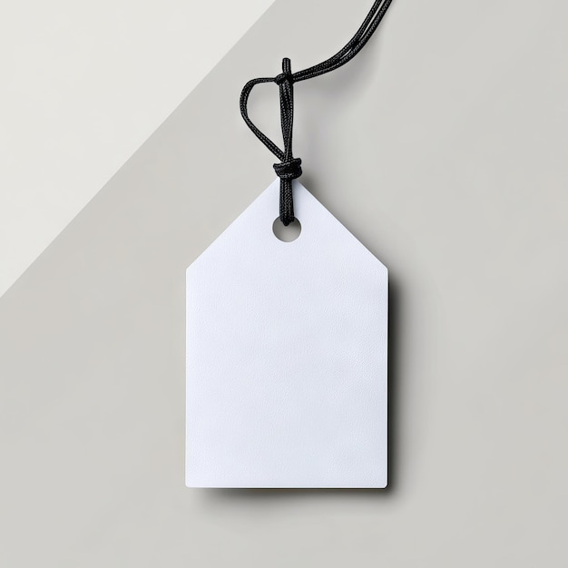 A white price tag with a black string attached to it