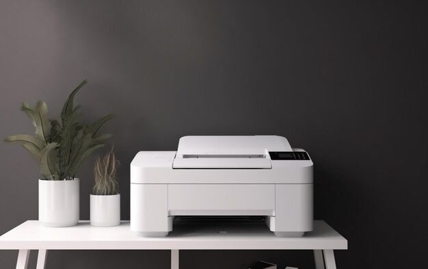 A white printer sits on a white table next to a plant.