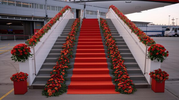 Photo a white private jet with a staircase leading to the entrance adorned with floral arrangements on either side