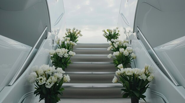 Photo a white private jet with a staircase leading to the entrance adorned with floral arrangements on either side