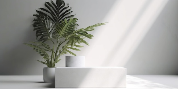 White product display podium with nature palm leaves Generative AI