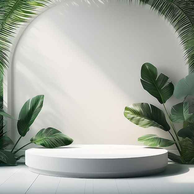 White product display stand background with sunlight and leaves