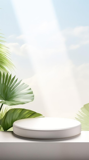 White product display stand background with sunlight and leaves