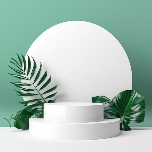 White product podium with green tropical leaves 16