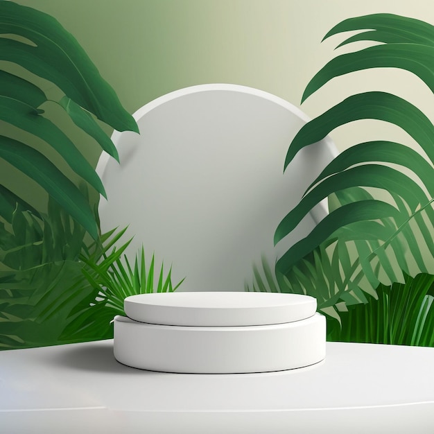 White product podium with green tropical palm leaves generative ai