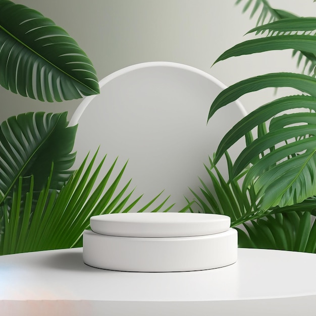 White product podium with green tropical palm leaves generative ai