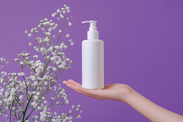 White pump bottle of lotion or soap held in a hand against a purple background