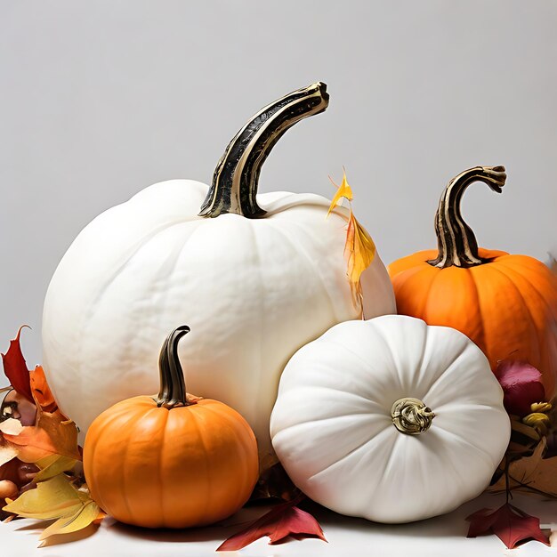 white pumpkins autumn leaves and acorns