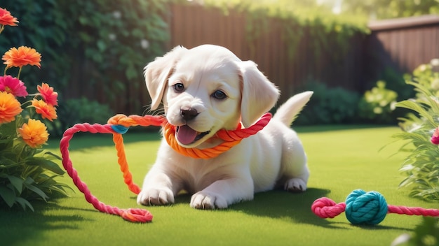 Photo a white puppy plays with a colorful rope toy in the grass