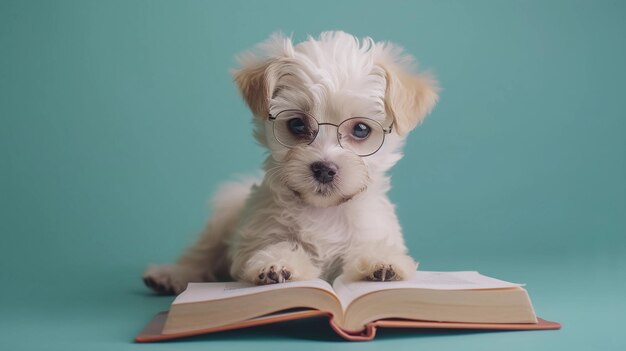 White Puppy Wearing Glasses Reading a Book Exam Preparation and Graduation AI Generated