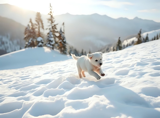 Photo white puppy winters fun on snowy slope