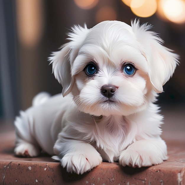 Photo a white puppy with blue eyes sits on a brick wall