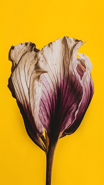 Photo white and purple dry flower on the yellow background