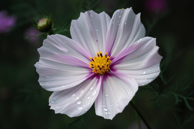 A white and purple flower with rain drops on it.