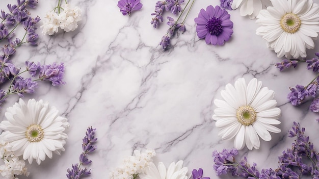 White and purple flowers on marble background Floral Arrangement on Marble Backgroun