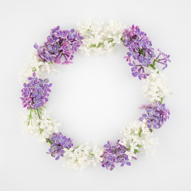 White purple small flowers on a white background Summer postcard frame Flat low copy space top view