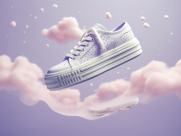 A white and purple sneaker is flying through clouds and the word nike is on the bottom.