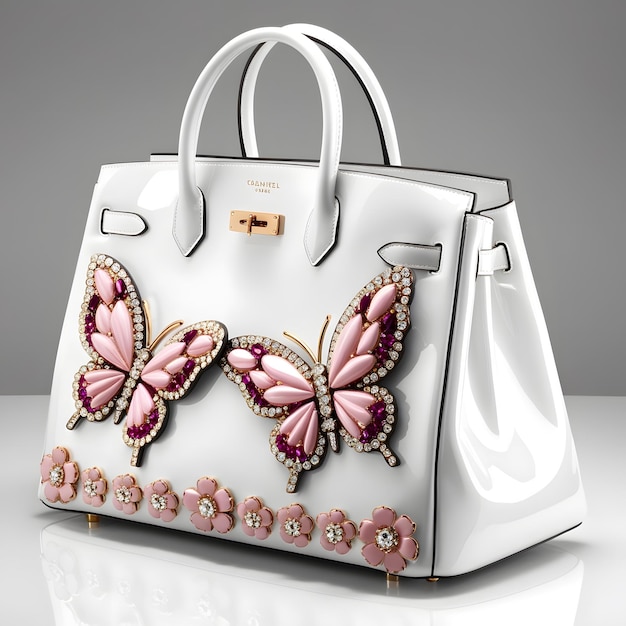 A white purse with butterflies on it and a butterfly on the front1