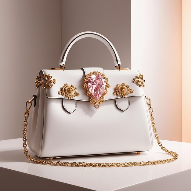 a white purse with a gold chain and a pink heart on it