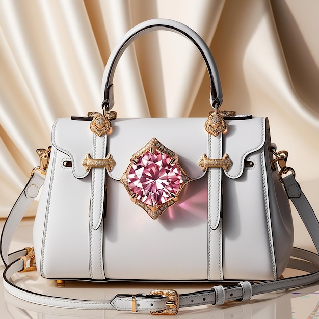 Photo a white purse with a pink diamond on it sits on a table