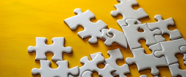 White puzzle pieces scattered on a bright yellow background