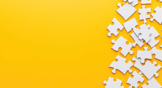 Photo white puzzle pieces on yellow background with copy space