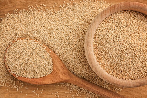 White quinoa in bowl and spoon on wooden background