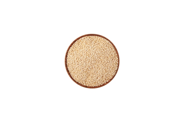 White Quinoa seeds in wooden bowl on white background top view Design element Healthy dieting food